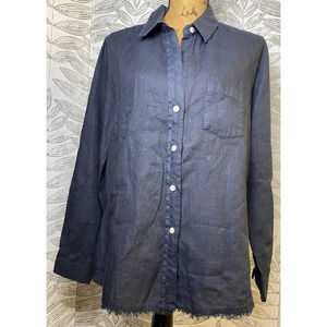 Linen Navy Frayed Hem Denim Shirt Womens Button Down Tunic Size Large